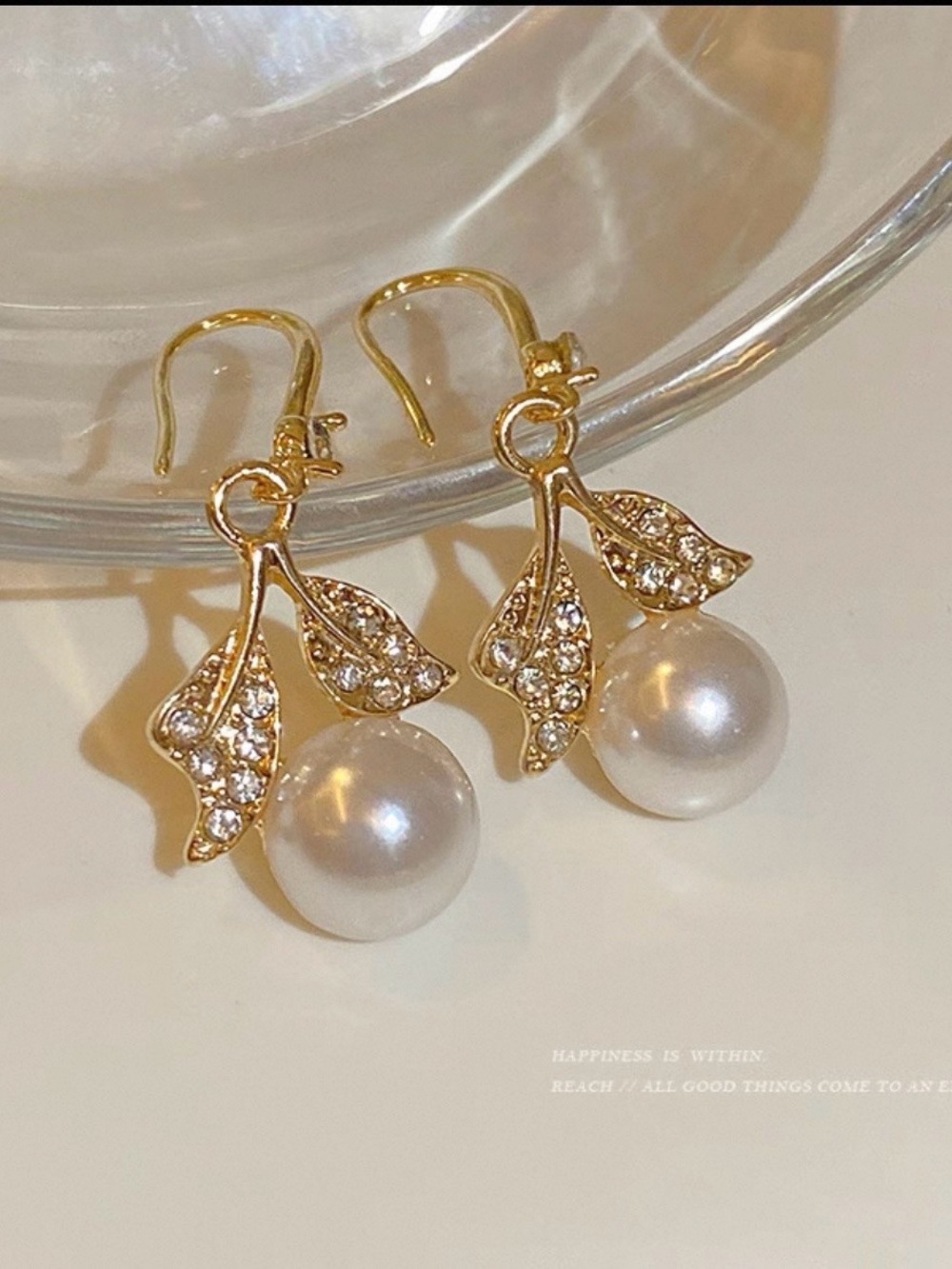Gold Pearl Drop Earrings with Crystal Leaf Accents